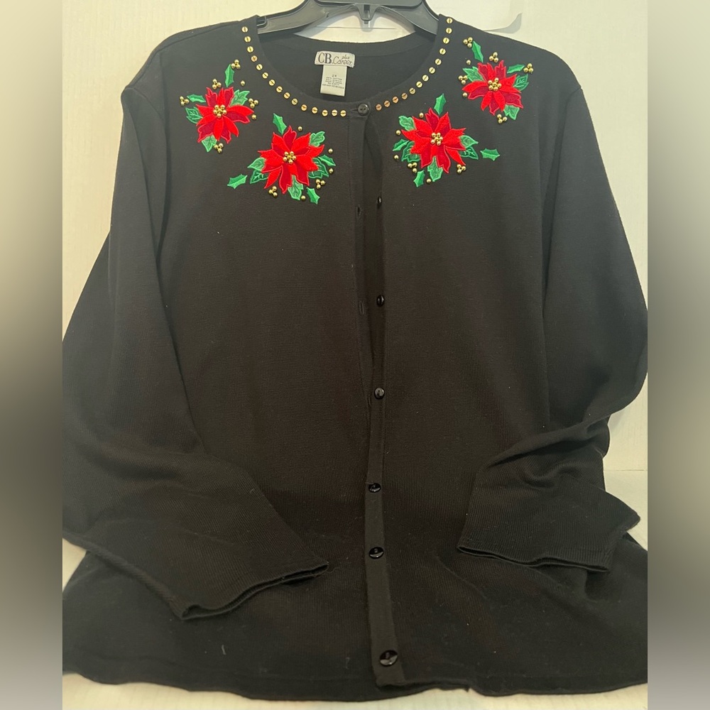 CB Career Plus Poinsettias Design Button Up Holiday Cardigan